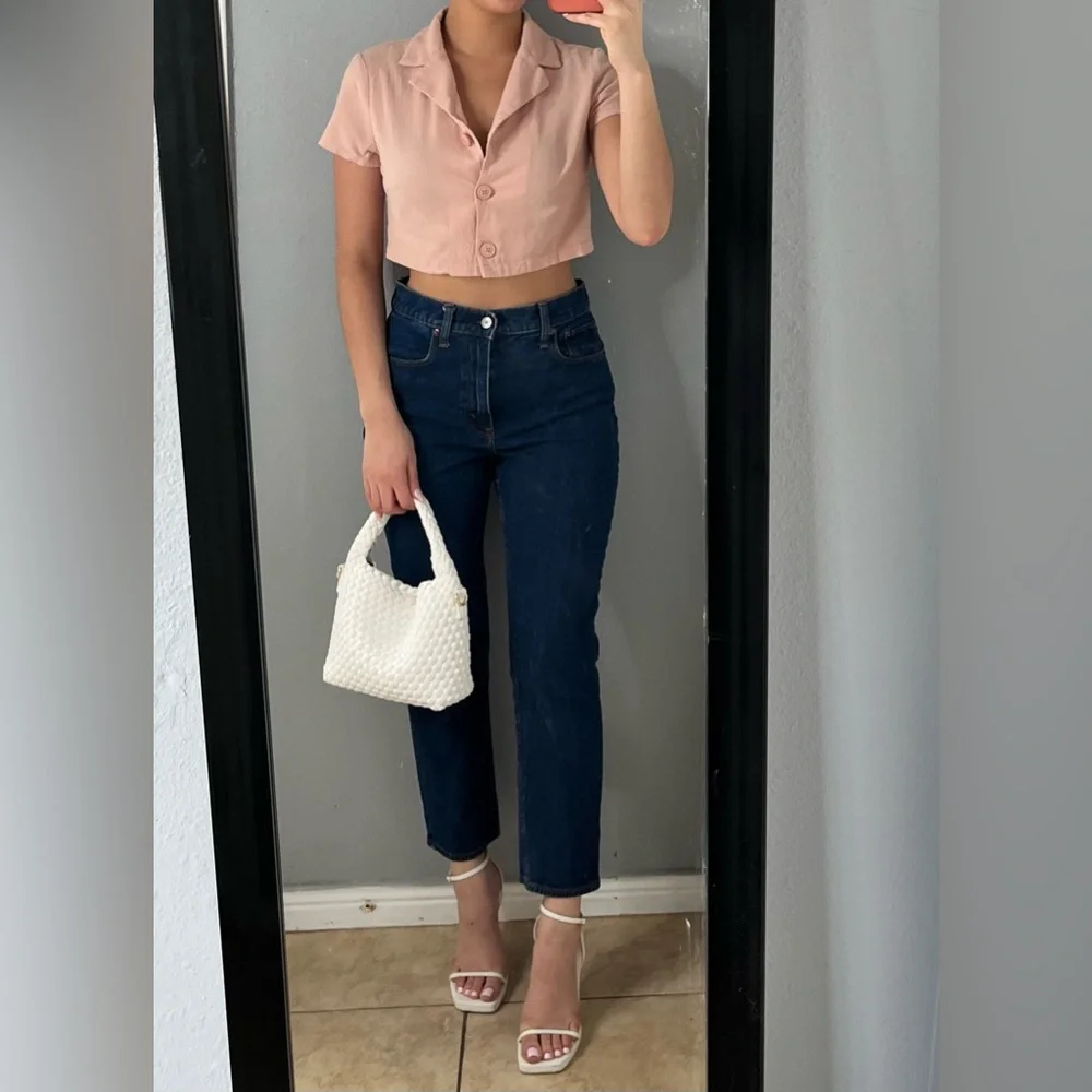 Light pink salmon cotton SS button up collared euro summer casual prep crop top - Picture 1 of 10